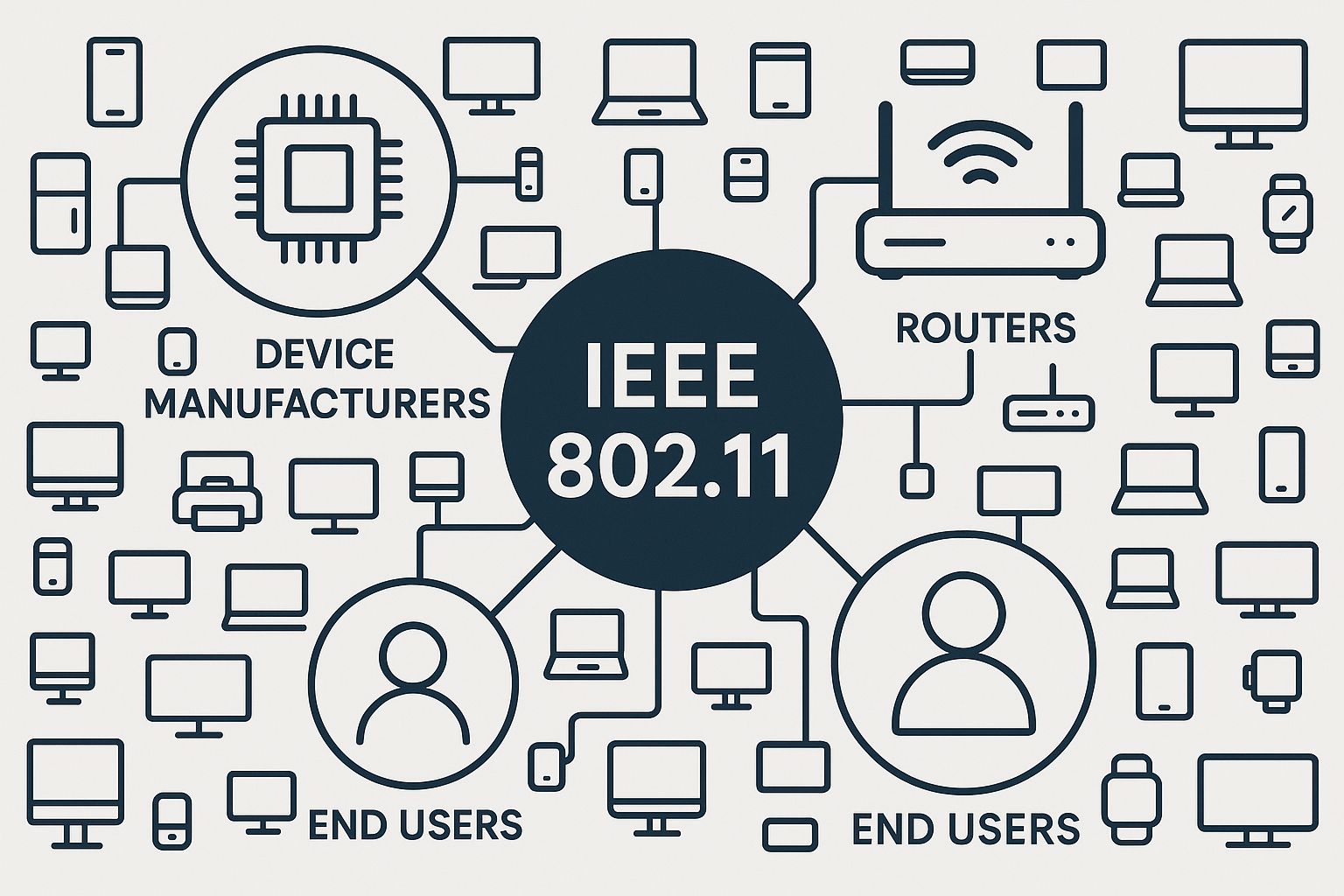 Image depicting showing how the IEEE 802.11 standard connects device
manufacturers, routers, and end users.