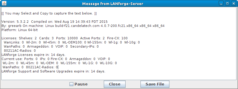 LANforge licence information