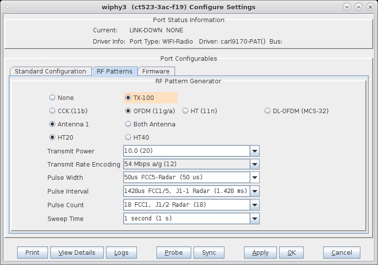 LANforge-GUI RF Noise Generator Configuration Screen